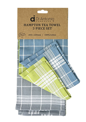 Tea Towels Cotton 3Pk Checks - Blue Green Grey