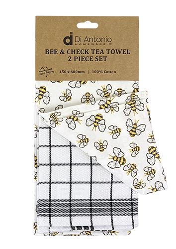 Tea Towels Cotton 2Pk Bees and Black checks