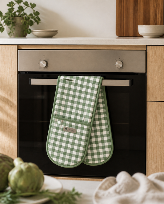 Double Oven Glove 880x180mm Green Check