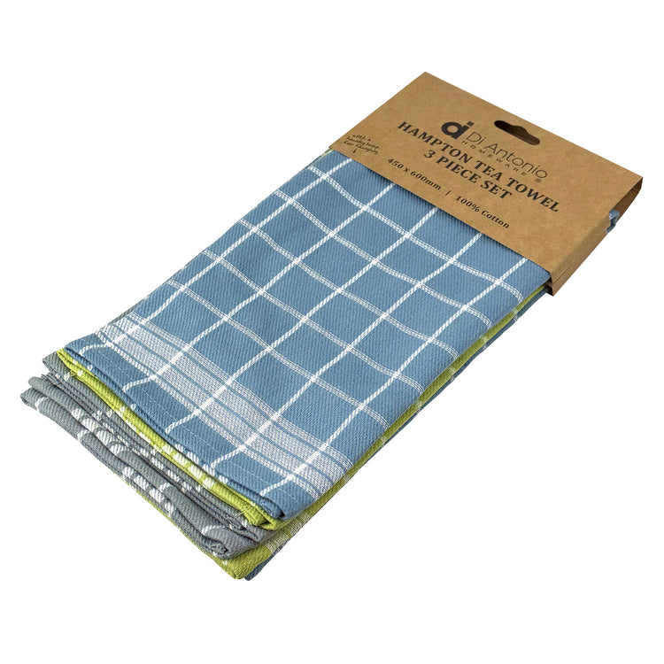 Tea Towels Cotton 3Pk Checks - Blue Green Grey