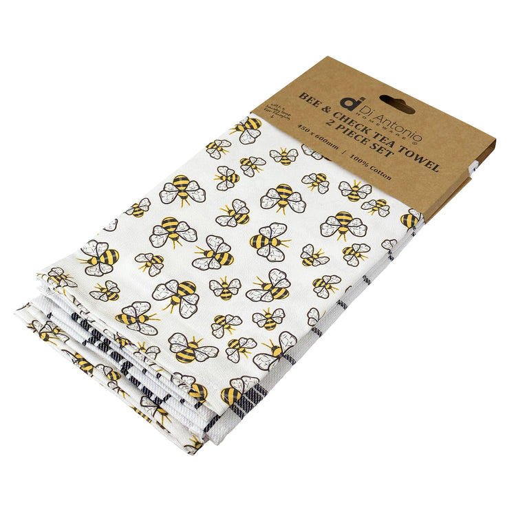 Tea Towels Cotton 2Pk Bees and Black checks